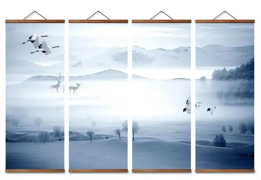 Chinese Snow Mountain Deer & Bird Canvas Scroll – Blue & White