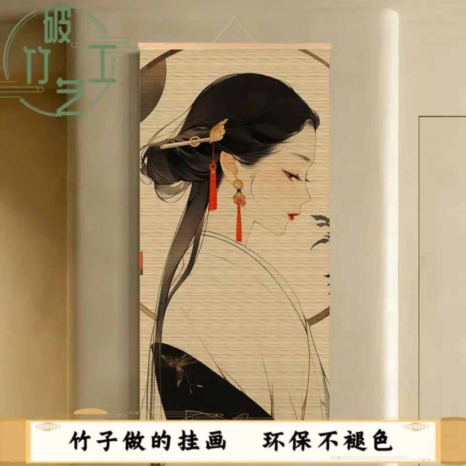 Handmade Bamboo Scroll Tapestry Wall Hanging, Classical Lady Ink Painting for Boutique Hotel Bar Living Room House Decor