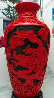 10" Chinese Red Lacquerware Dragon Vase
