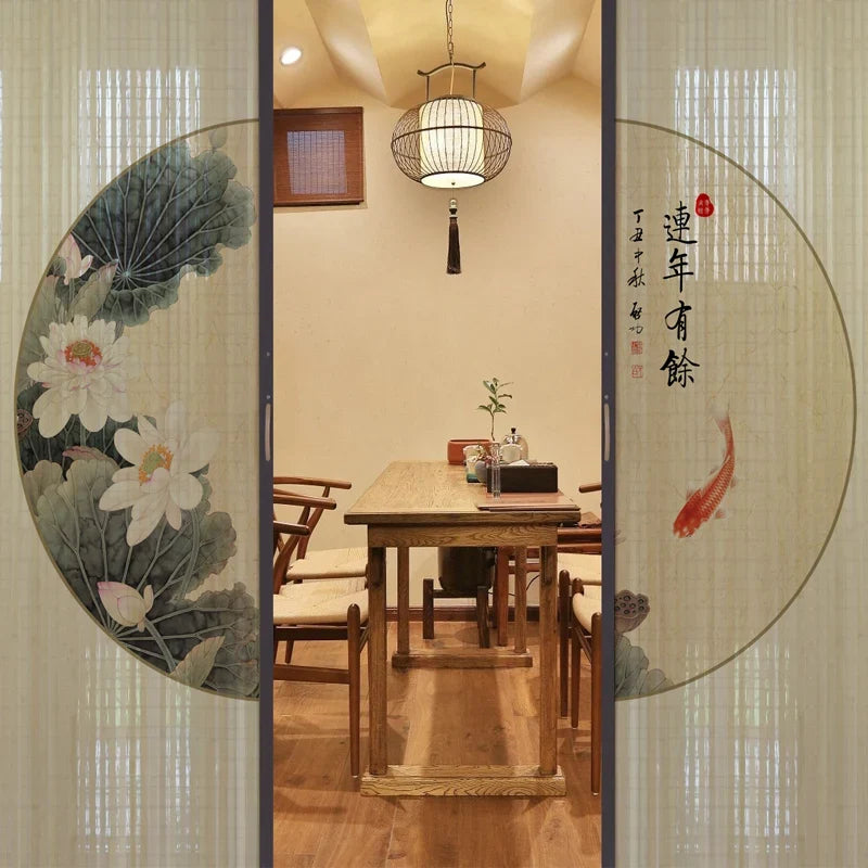 Printed Bamboo Sliding Door Partition Traditional Chinese Room Divider Foldable Screen