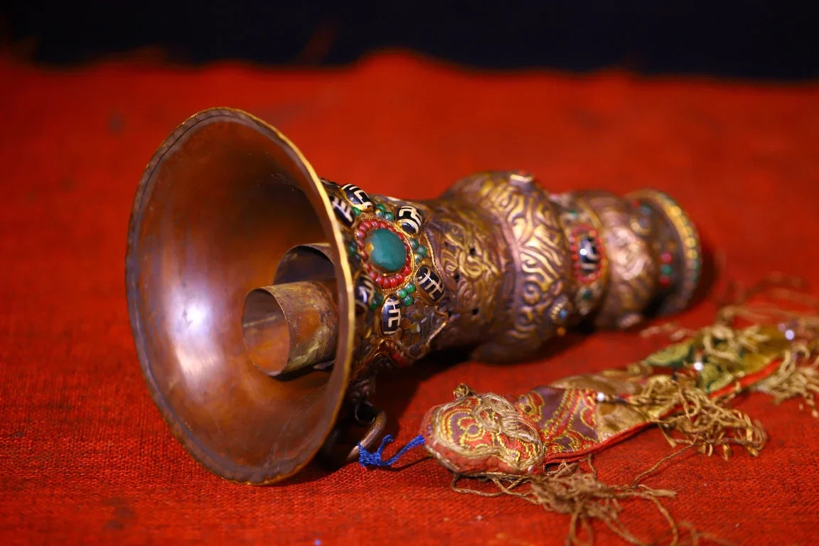 Tibetan Temple Purple-Bronze Prayer Horn – Mosaic Gem & Gzi Bead Amulet