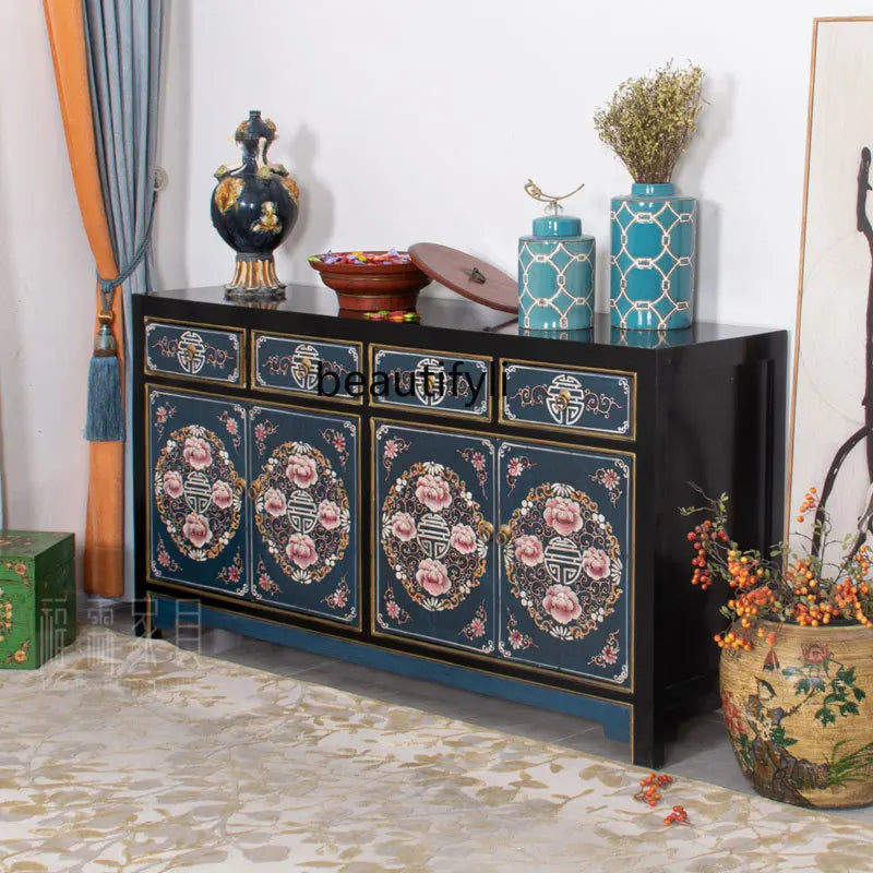 Antique‑Style Chinese Painted Cabinet – Solid Wood Foyer & Living Room Partition (160 × 43 × 85 cm)