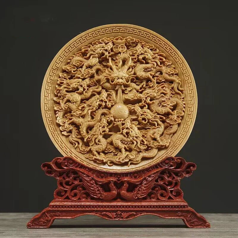 Wood Carving Dragon and Phoenix Round Carving Art Statue High Quality