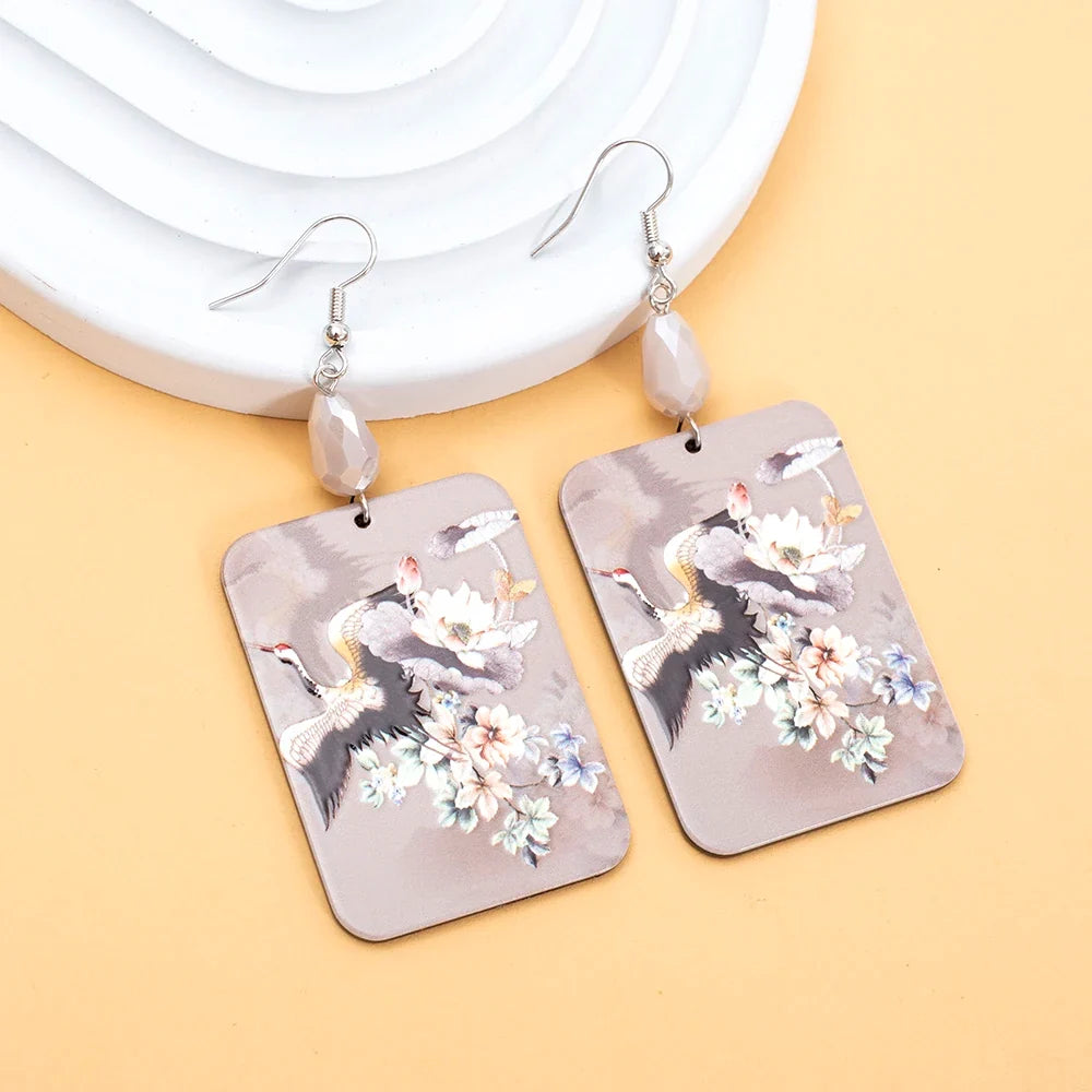 Chinese Crane Flower Dangle Earrings – 3D Printed Acrylic