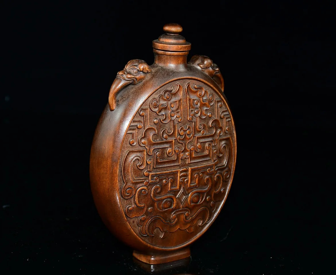 Tibetan Boxwood Flower Carved Snuff Bottle Dragon-Ear Vase