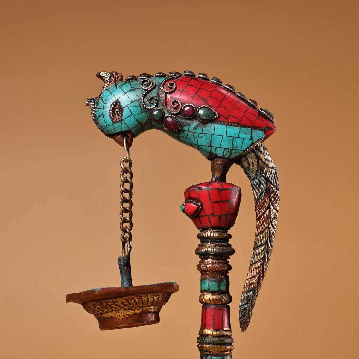 13" Tibetan Temple Bronze Outline in Gold Mosaic Gem Turquoise Buddha Bird Statue Hanging Oil Lamp Lotus Candlestick
