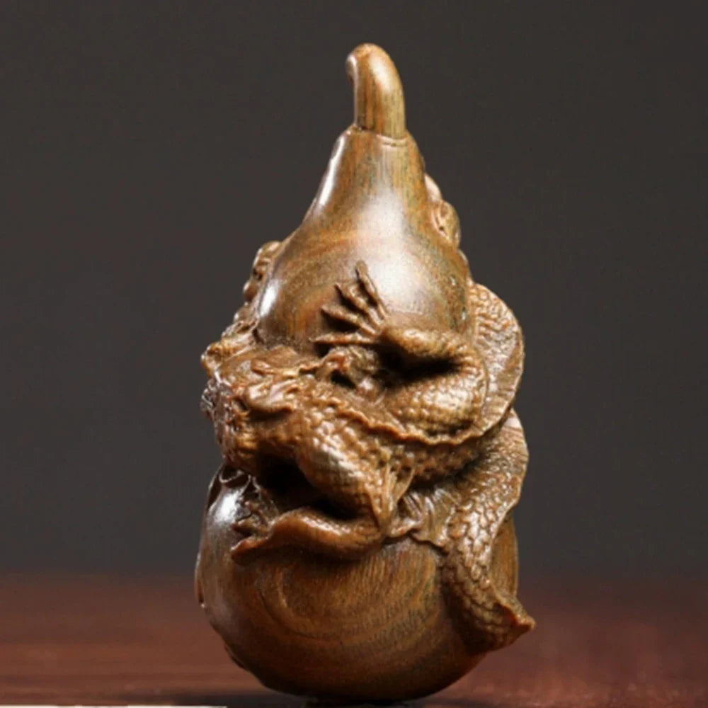 2.7" Green Sandalwood Netsuke – Hand-Carved Baby Dragon on Gourd