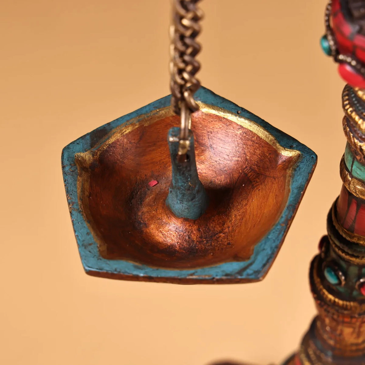 13" Tibetan Temple Bronze Outline in Gold Mosaic Gem Turquoise Buddha Bird Statue Hanging Oil Lamp Lotus Candlestick