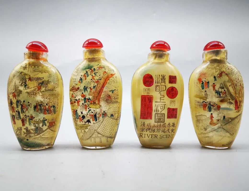 Qingming Festival Inside‑Painted Snuff Bottles – Set of Four with Box