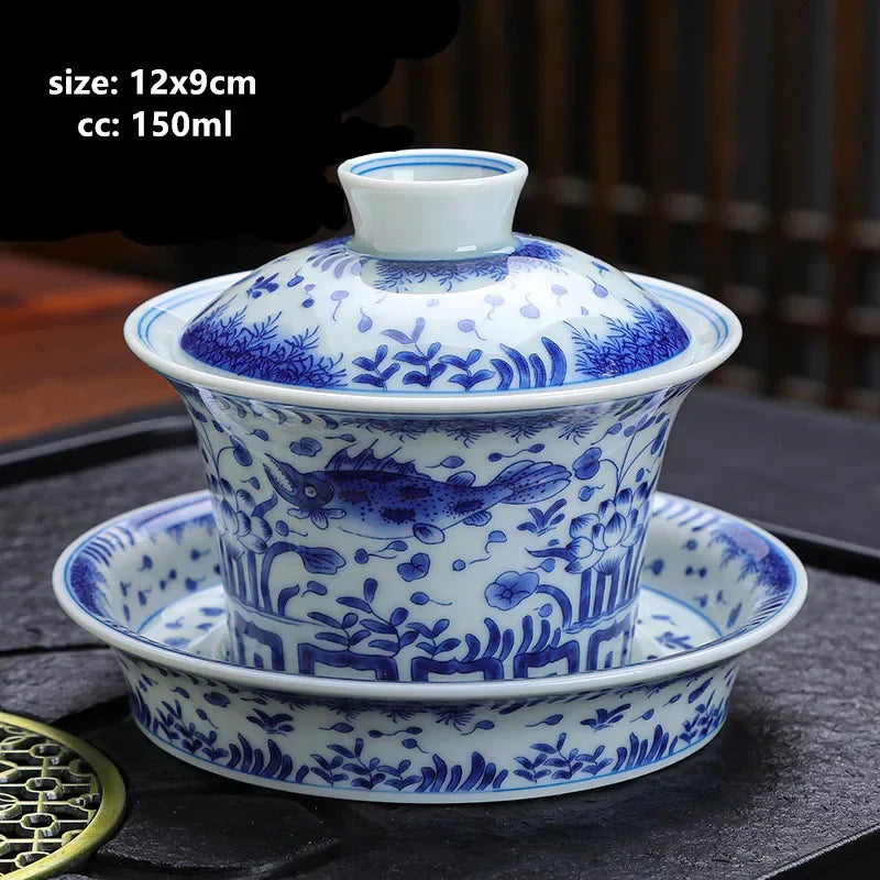 Luxurious 150ml Blue and White Porcelain Gaiwan – Handmade Tea Tureen