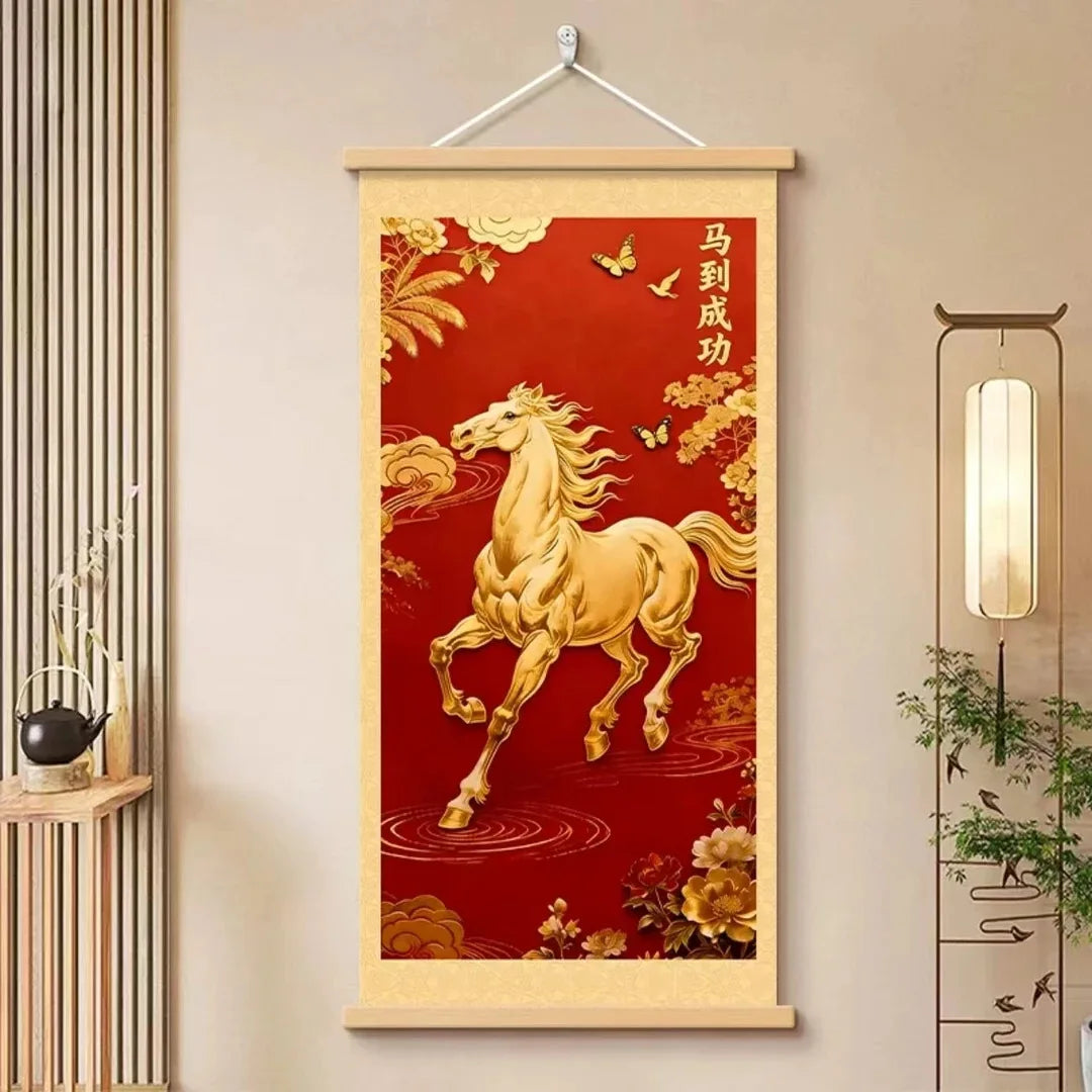 Chinese Silk Scroll Painting – Galloping Horses Wall Hanging