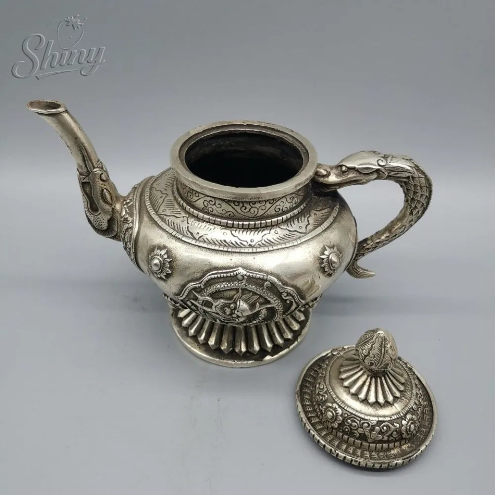 Exquisite Old Chinese Tibet Silver Hand carved Dragon Flagon / Teapot