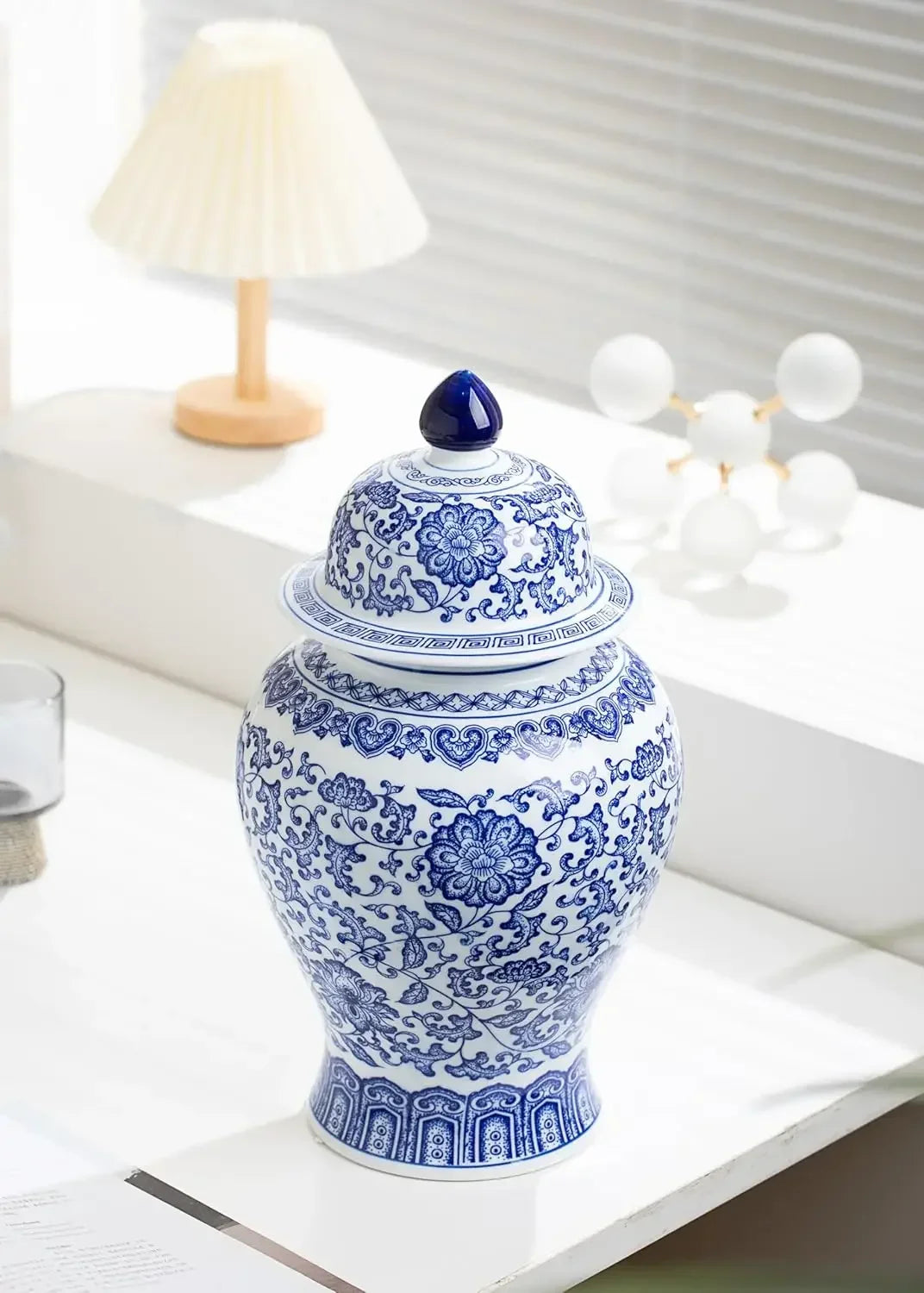 15-Inch-High Gloss Ceramic Blue White Ginger Jar Chinoiserie Decor