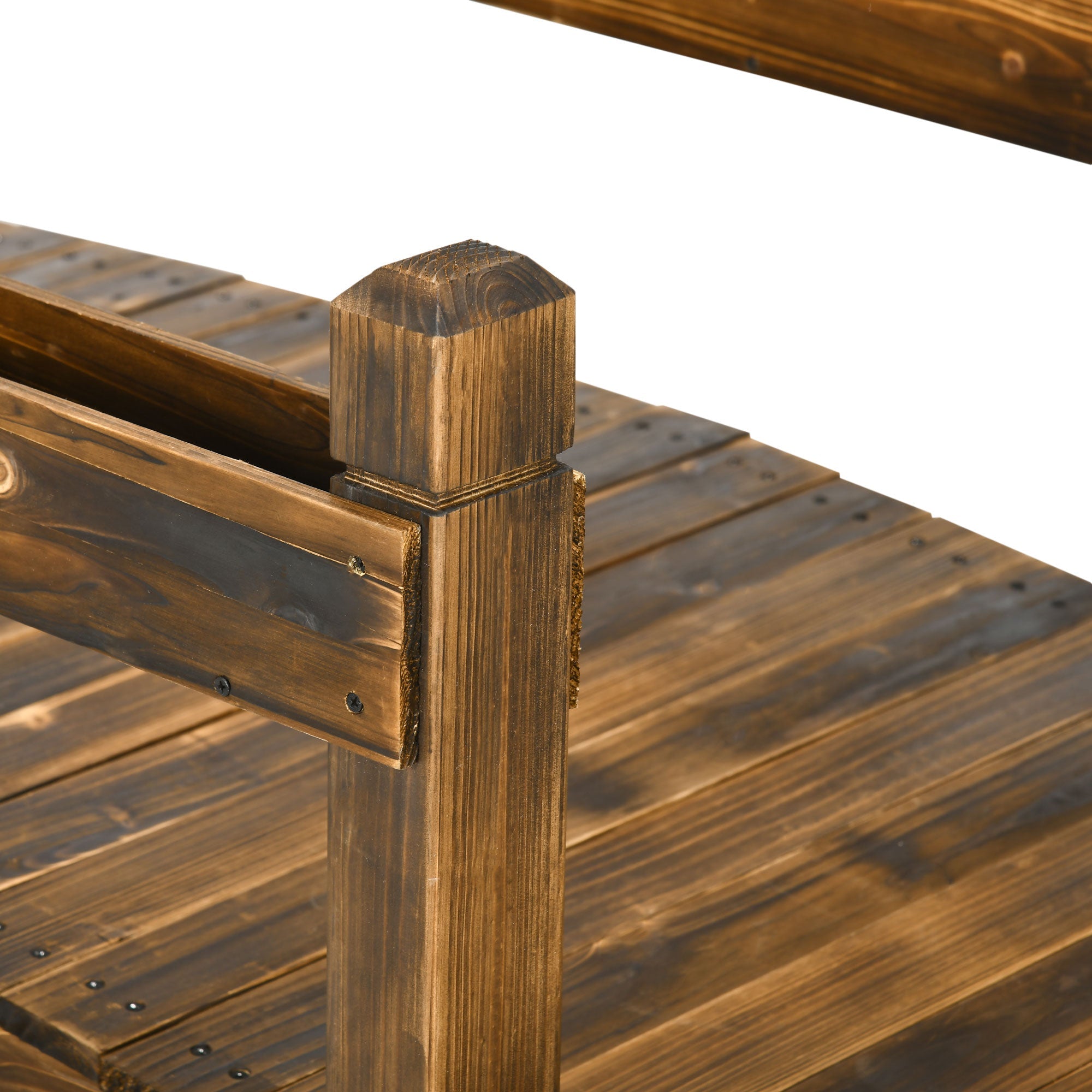 7.5 Wooden Garden Bridge with Planters, Stained Finish Arc Footbridge with Safety Railings for Backyard, Pond Stream, Stained Wood