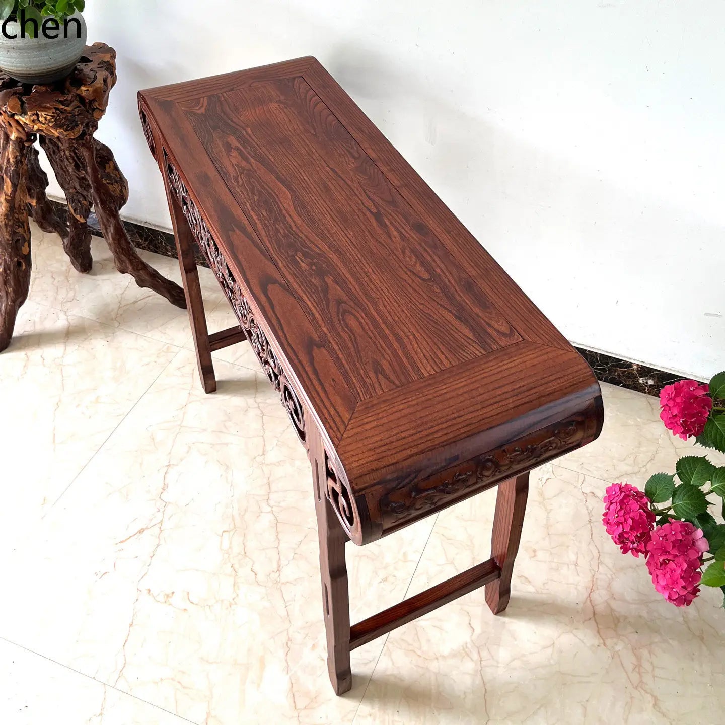 Chinoiserie Solid Wood Guqin Table – Scroll-Head Altar & Console Table