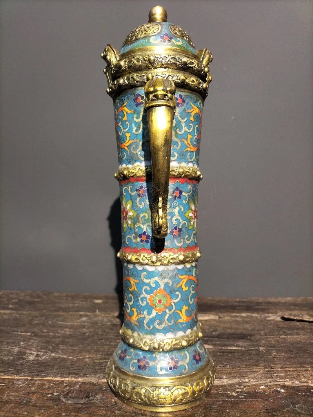 Tibetan Bronze Cloisonné Dragon-Handle Ghee Teapot (15")