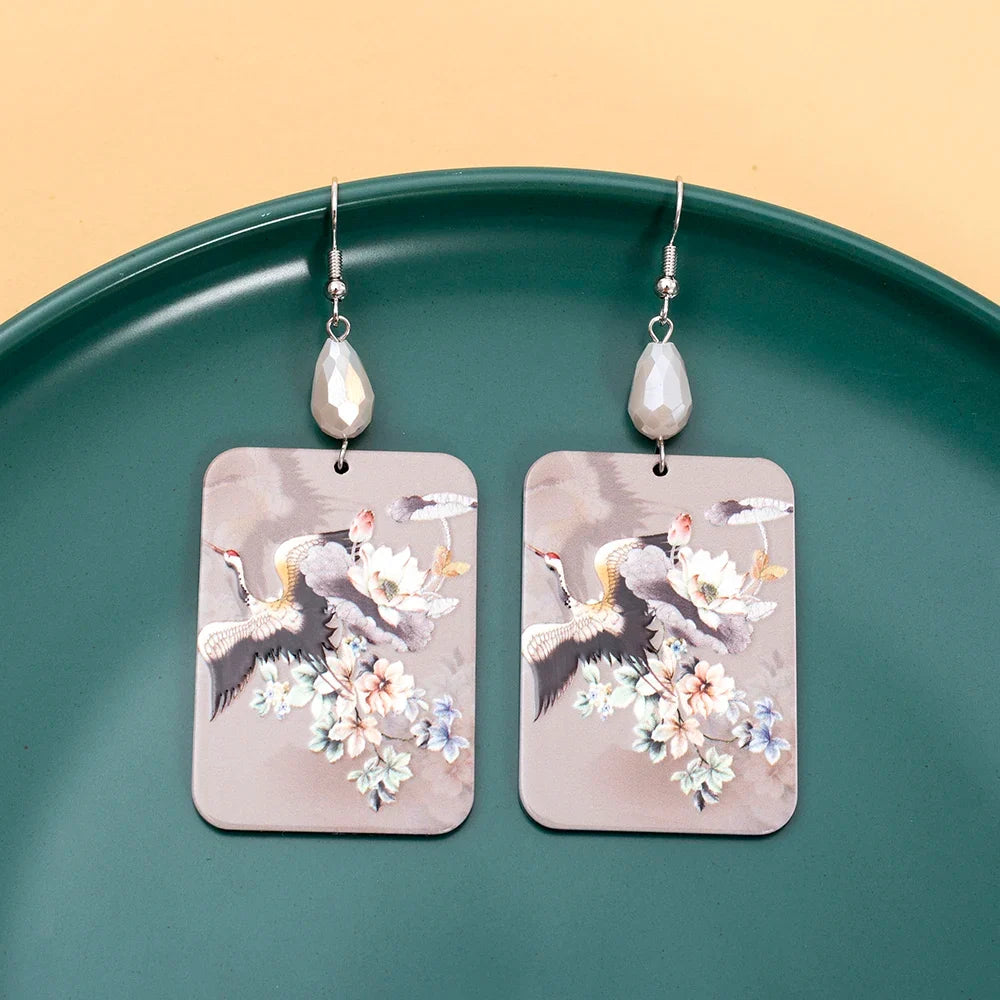 Chinese Crane Flower Dangle Earrings – 3D Printed Acrylic