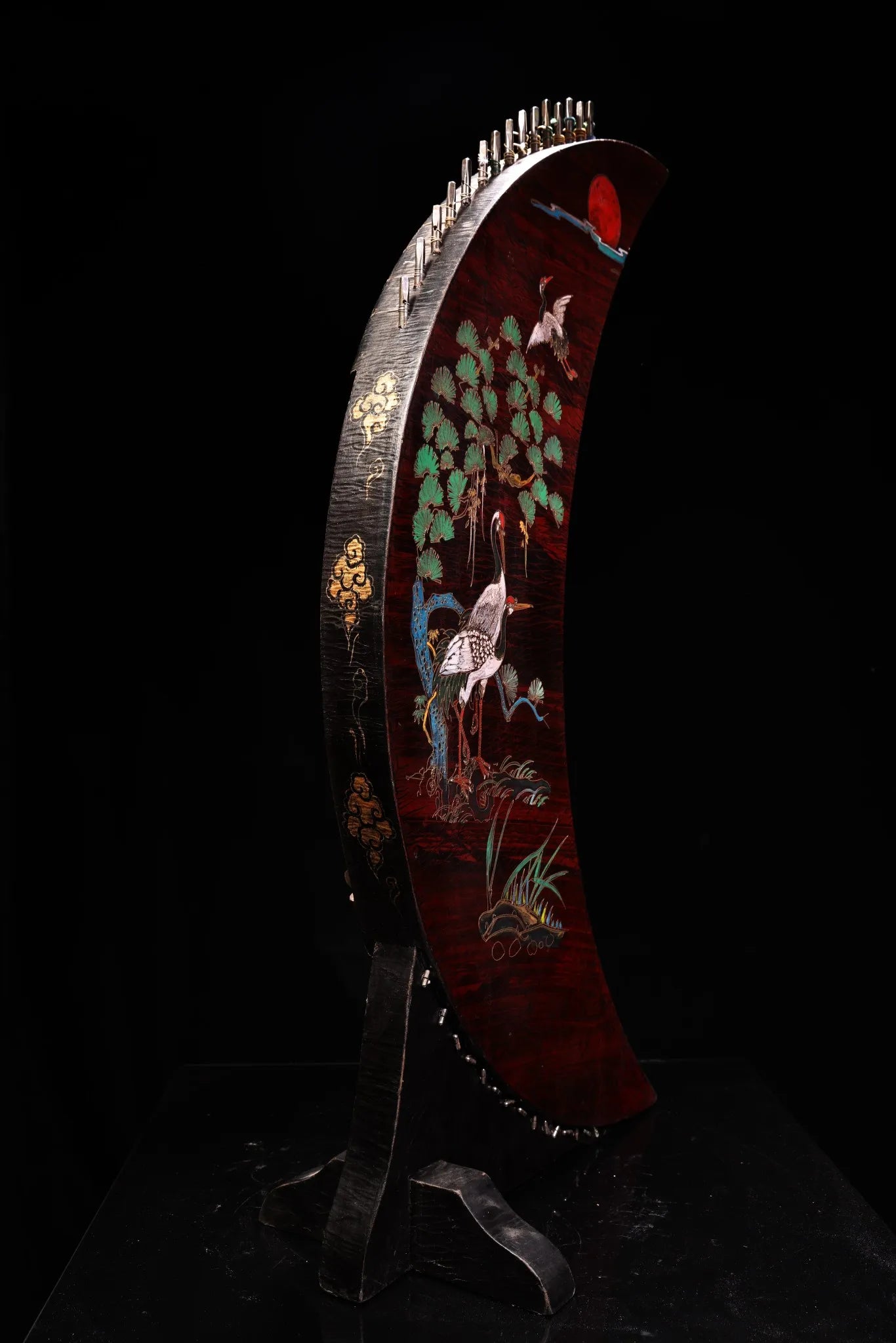35" Nepalese Crescent Moon Guqin – Vintage Wooden-Bodied Lacquerware with Crane Motif