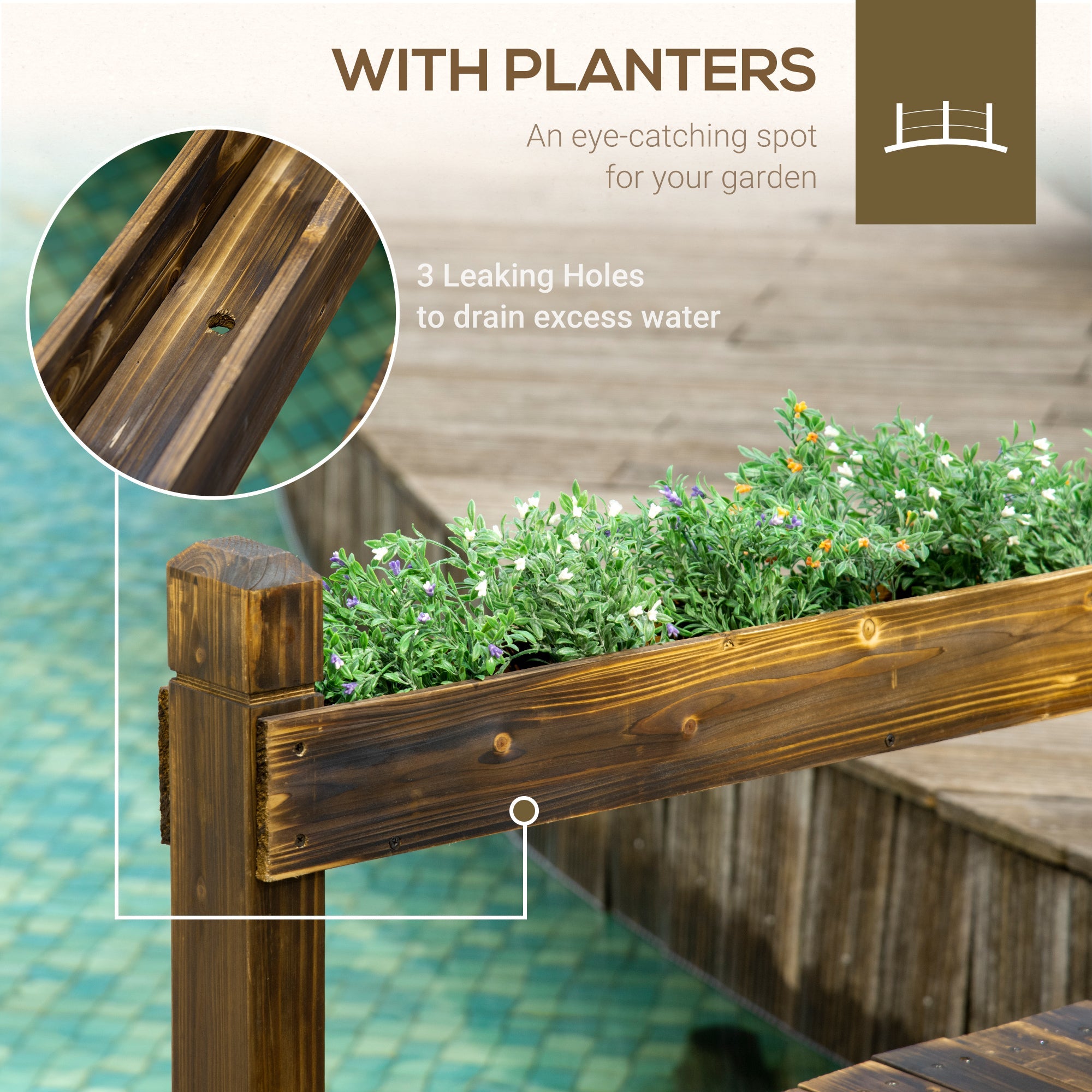 7.5 Wooden Garden Bridge with Planters, Stained Finish Arc Footbridge with Safety Railings for Backyard, Pond Stream, Stained Wood