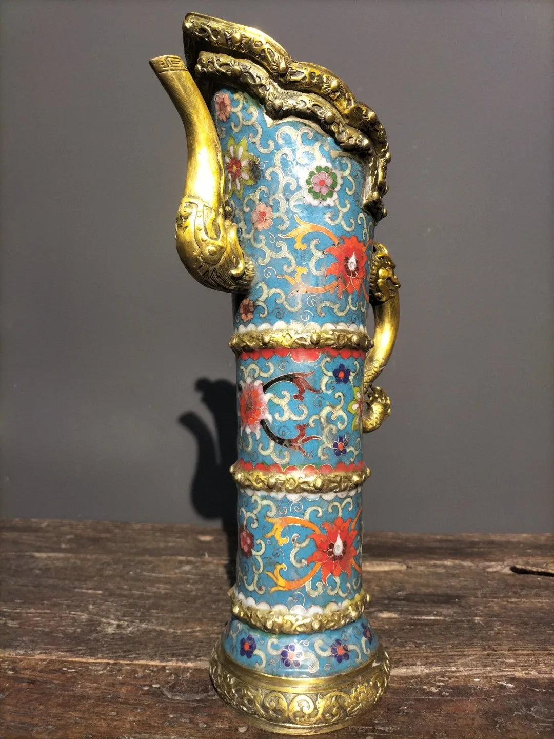 Tibetan Bronze Cloisonné Dragon-Handle Ghee Teapot (15")