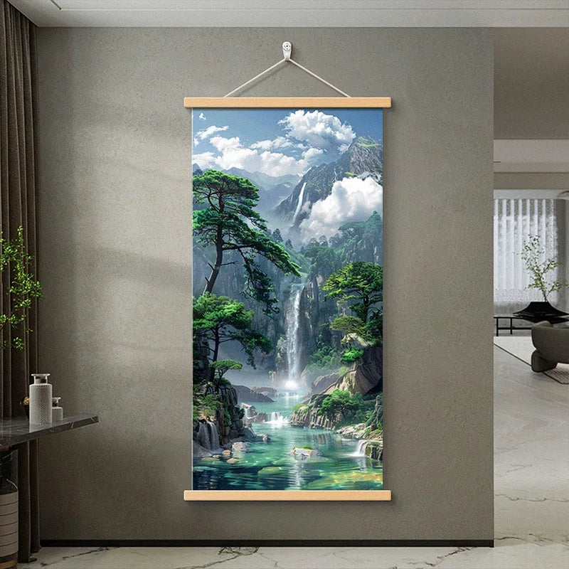 Chinese Style Landscape Wall Art, Flowing Water Wealth Lucky Pine Tree Feng Shui Hanging Painting for Living Office Room Decor
