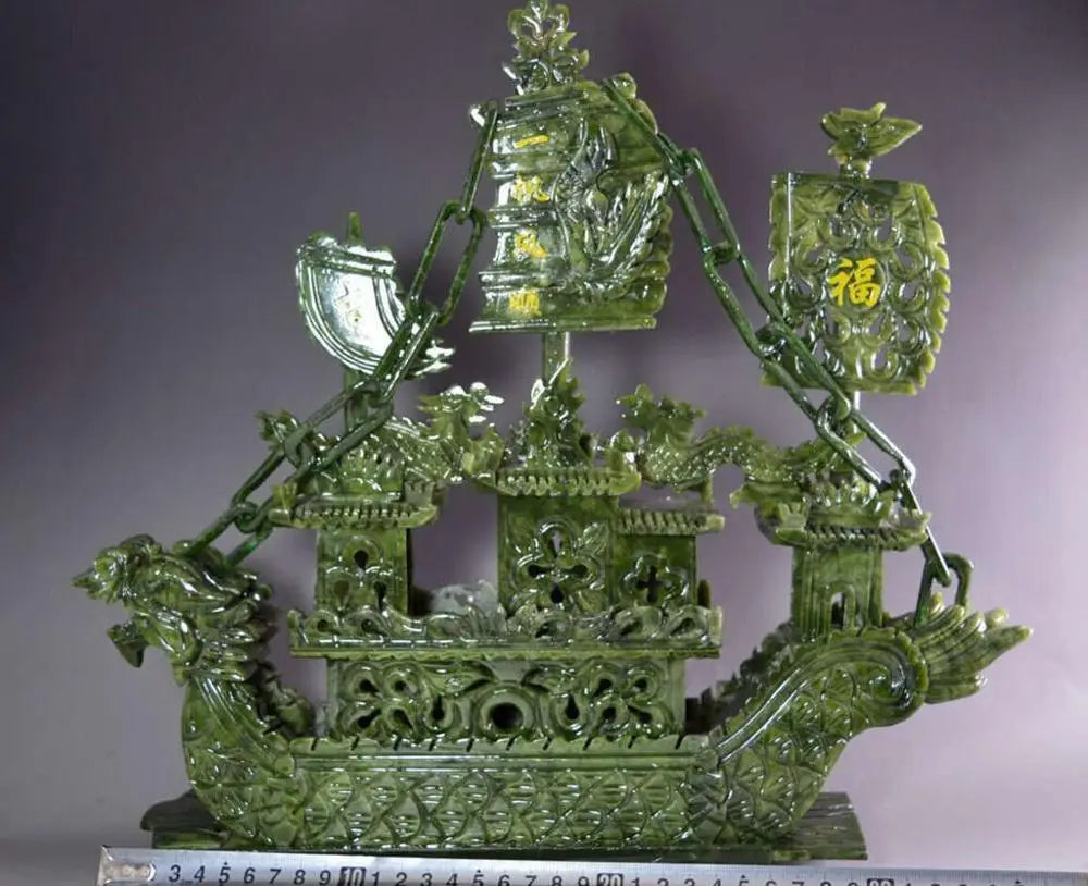 38cm Large Chinese Hand Carved 100% Natural Jade Incense Statue – Dragon Boat
