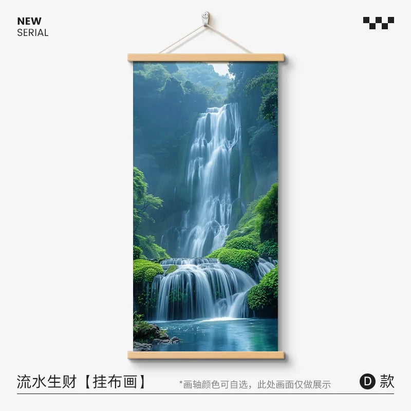 Chinese Style Landscape Wall Art, Flowing Water Wealth Lucky Pine Tree Feng Shui Hanging Painting for Living Office Room Decor