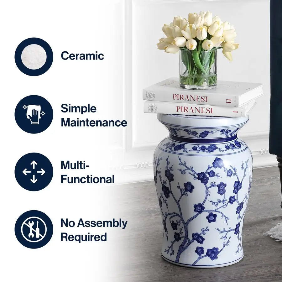 Cherry Blossom Ceramic Garden Stool – 17.7" Indoor/Outdoor Side Table