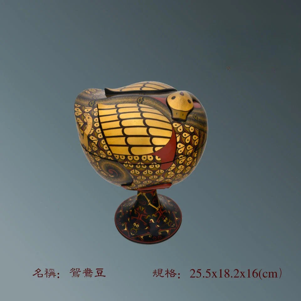 Chu-Style Lacquerware Dish – Painted Mandarin Duck Design (Handmade Collectible)