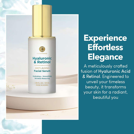 Hyaluronic Acid & Retinol Serum - Revitalizing Anti-Aging, Radiant Glowing Complexion, Wrinkle Reduction - Dermatologist Tested, Korean Skin Care, Clean Beauty - 1.69 Fl. Oz