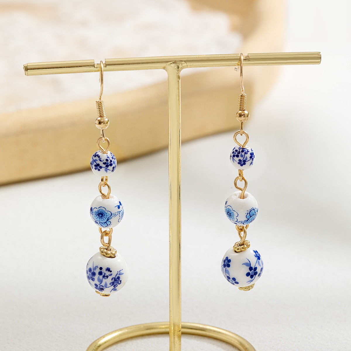 Blue And White Porcelain Ceramic Beads Long Earrings