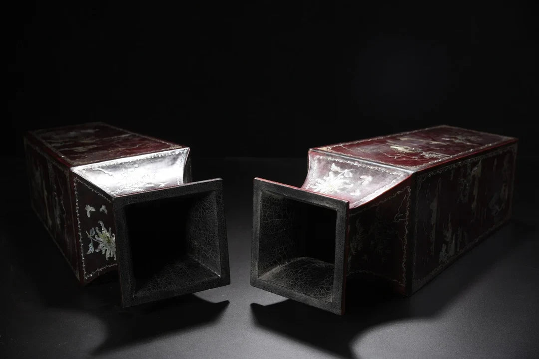 Pair of Semi-Antique Tibetan Temple Lacquerware Square Vases – Painted Landscape (35cm)