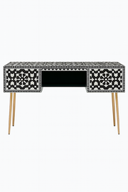 Black & White Bone Inlay Console Desk with Gold Metal Legs