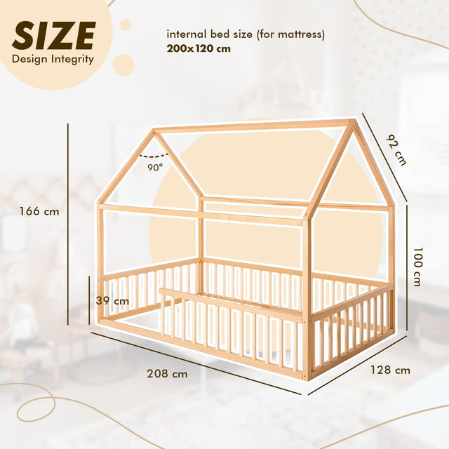 Montessori House Bed for Kids with Fence