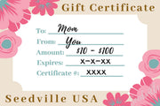 Seedville USA Shop Gift Certificate - Pink Flower Design - By Email or Postal Mail - You Choose Amount