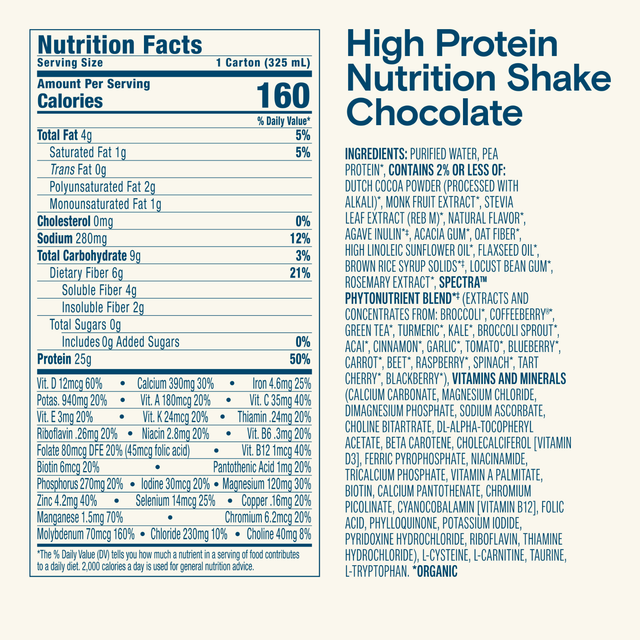 Kate Farms High Protein Nutrition Shake, Chocolate, Case/12