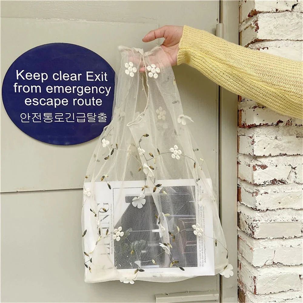 Lightweight Organza Tote Bag with Embroidered Floral Design