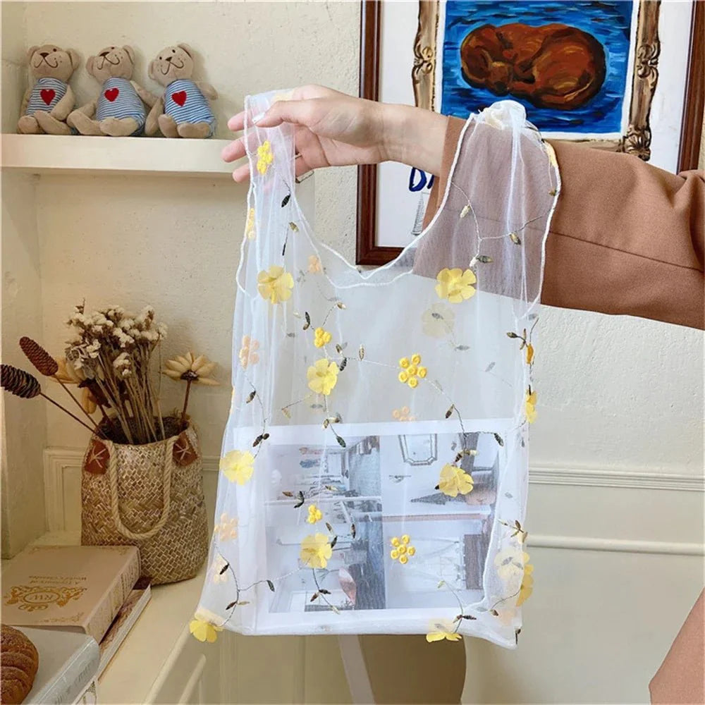 Lightweight Organza Tote Bag with Embroidered Floral Design