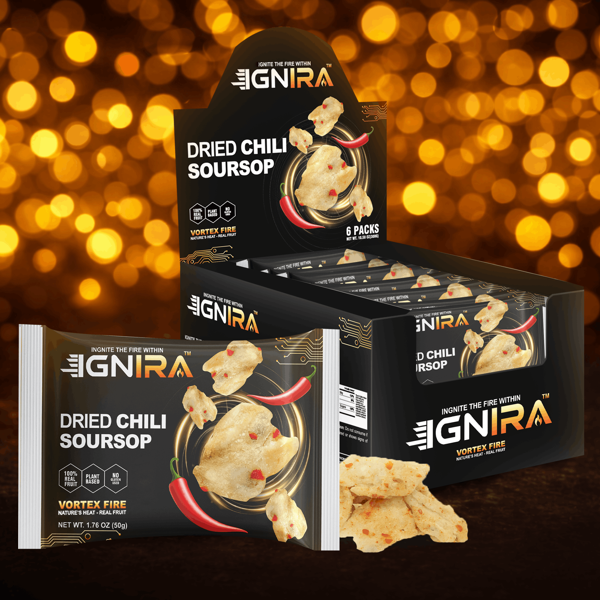 IGNIRA Spicy Dried Soursop with Chili, Vegan Sweet & Hot Fruit Snacks, Premium Soft Dried Chili Soursop, Plant-based, Gluten-free, Real Fruit Snack Strips, Vortex Fire energy Pack of 6 (10.56 oz)