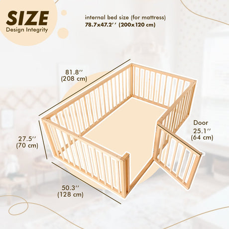 Montessori Floor Bed Frame for Toddlers with Fence