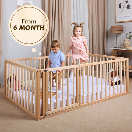 Full Montessori Floor Bed Frame for Toddlers with Fence