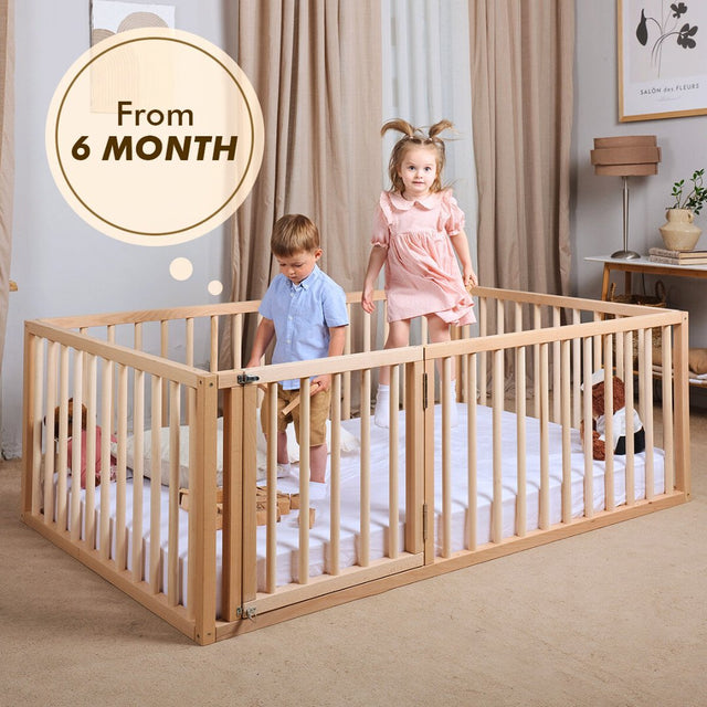 Full Montessori Floor Bed Frame for Toddlers with Fence