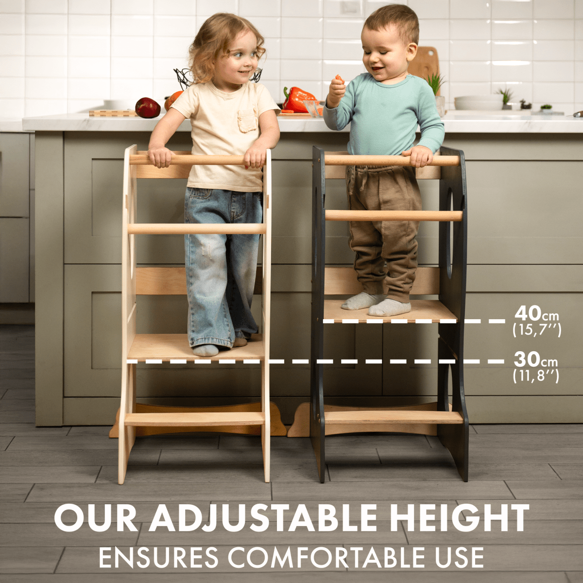Stable Montessori Learning Tower: Wooden Growing Chair - Grey