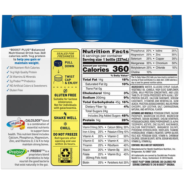 Nestle Boost Plus Nutritional Drink, Rich Chocolate, 8 oz Bottle, CS/24