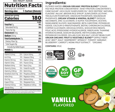 Orgain Organic Kids Nutritional Grass-Fed Protein Shake, Vanilla, Pack of 12