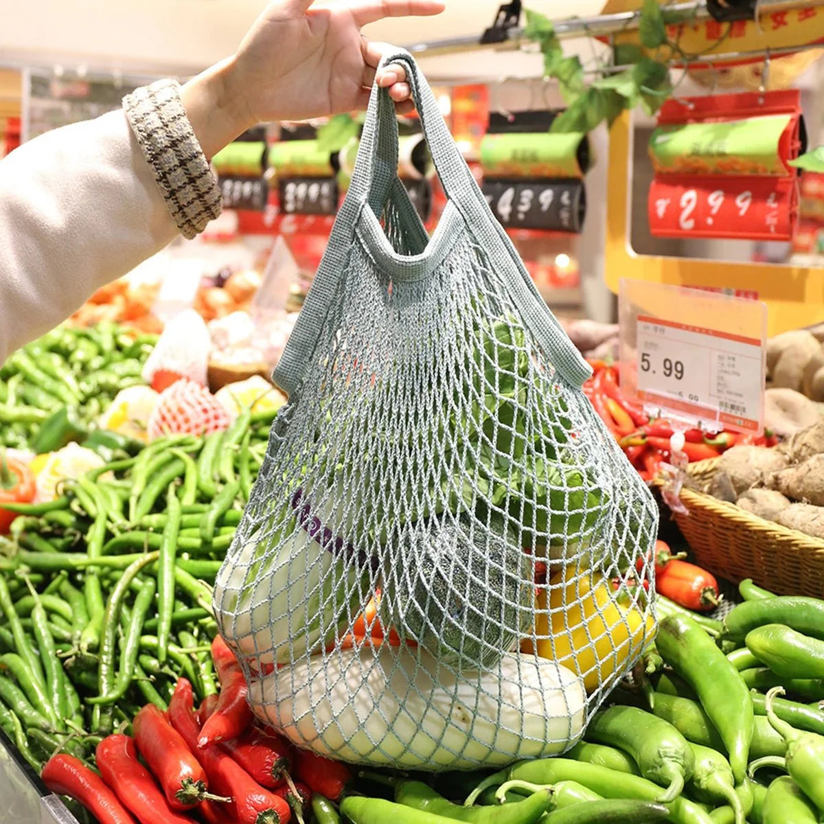 Organic Cotton Mesh Tote Bags Portable Net and String