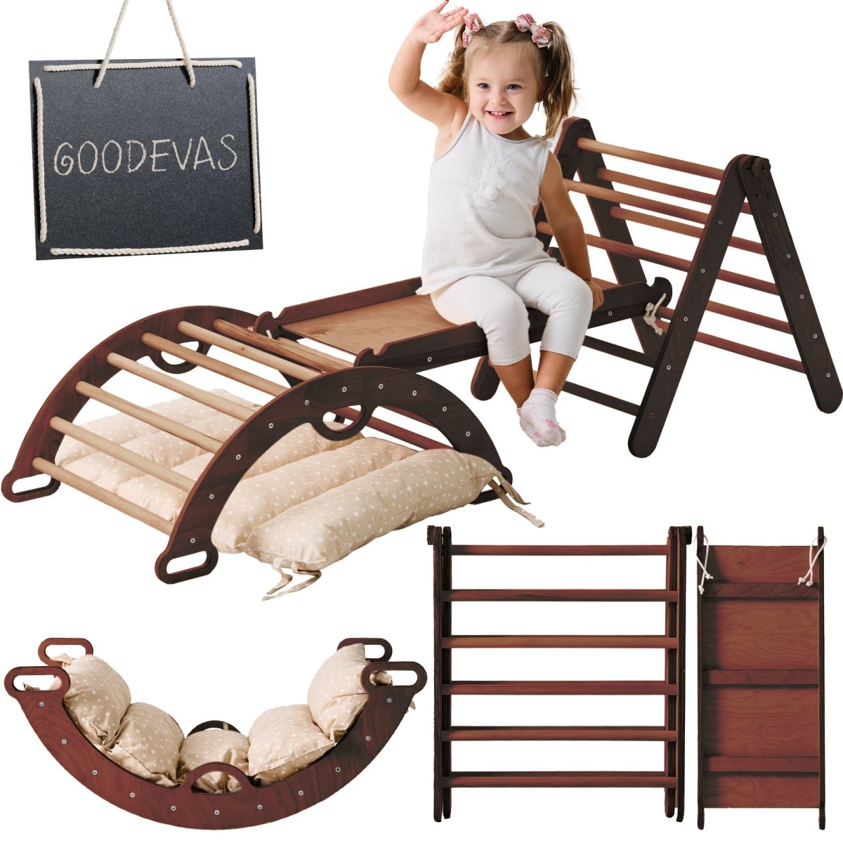 Pikler Triangle Set for Toddlers: Triangle Ladder + Climbing Arch + Slide Board + Cushion