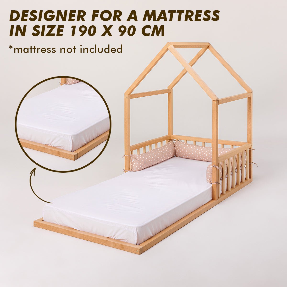 Wooden Montessori House Floor Bed with Fence and Roof for Kids (190x90 cm)