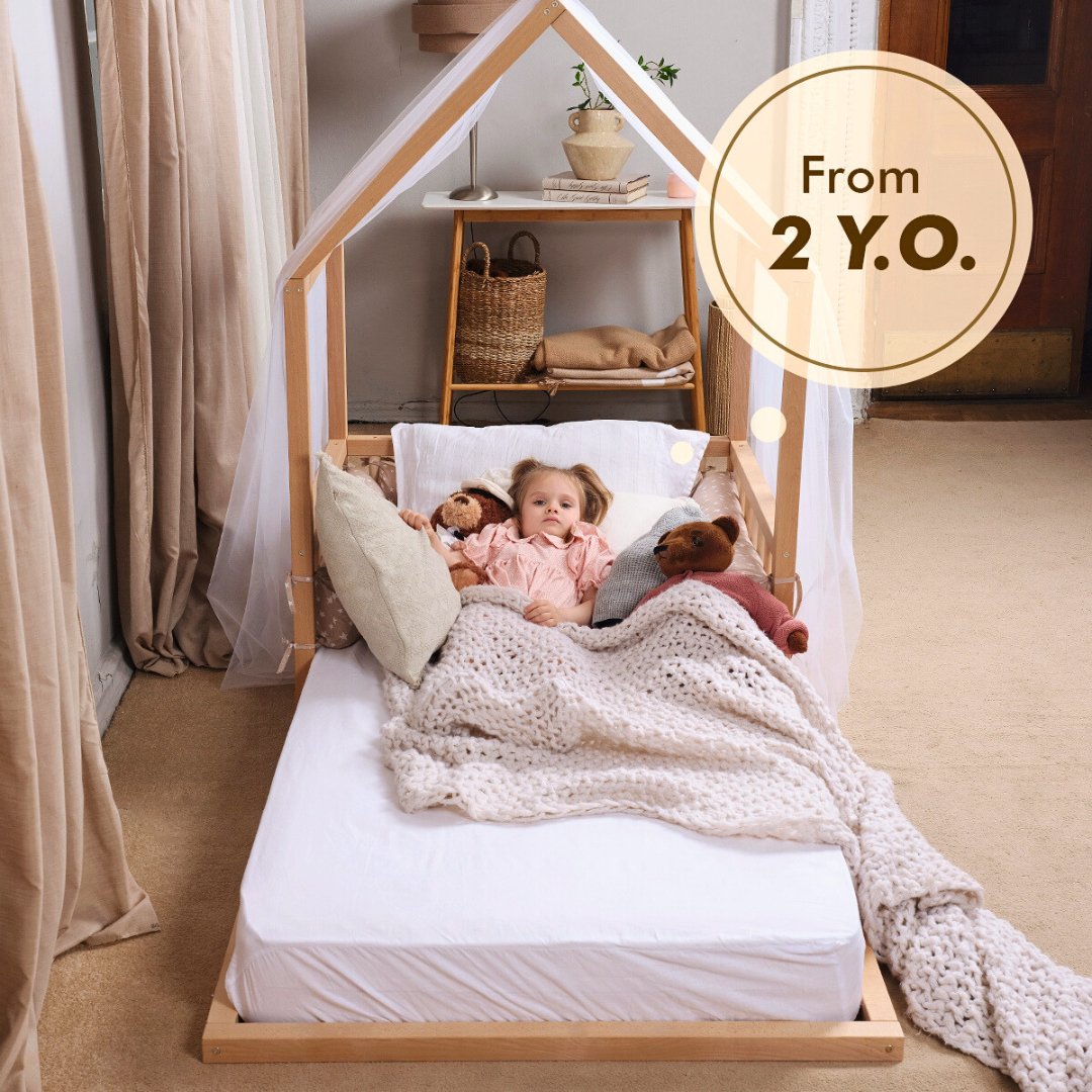 Wooden Montessori House Floor Bed with Fence and Roof for Kids (190x90 cm)