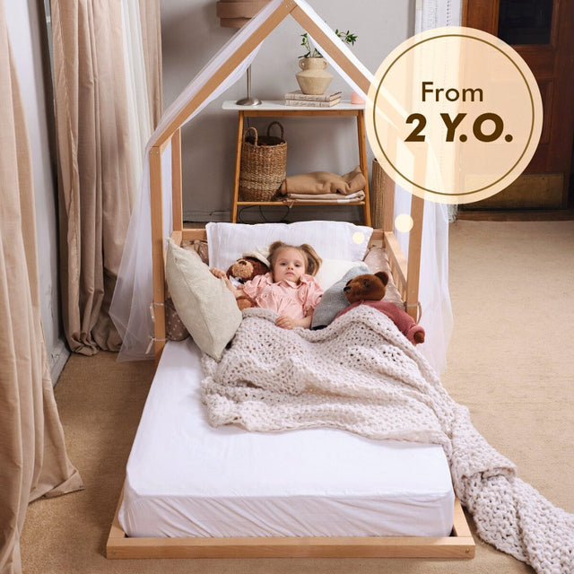 Wooden Montessori House Floor Bed with Fence and Roof for Kids (190x90 cm)